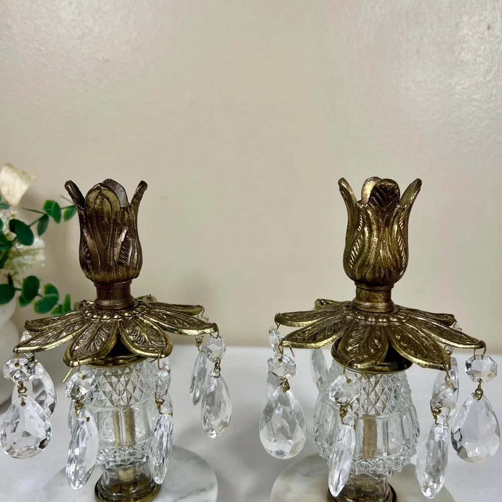 Vintage Glass Marble & Brass Candlestick Holders w/ Teardrop Pendants | Set of 2